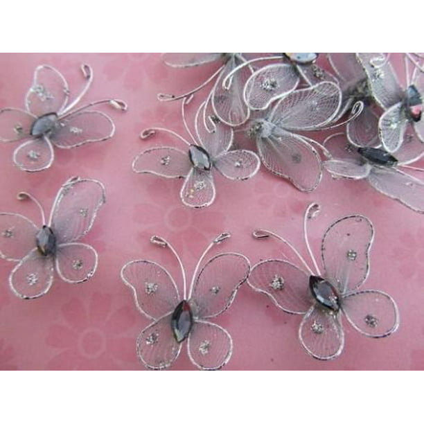 24 Wire Glitter Butterfly 1" Floral Arrangement Decoration/wedding L8-Small-Pink